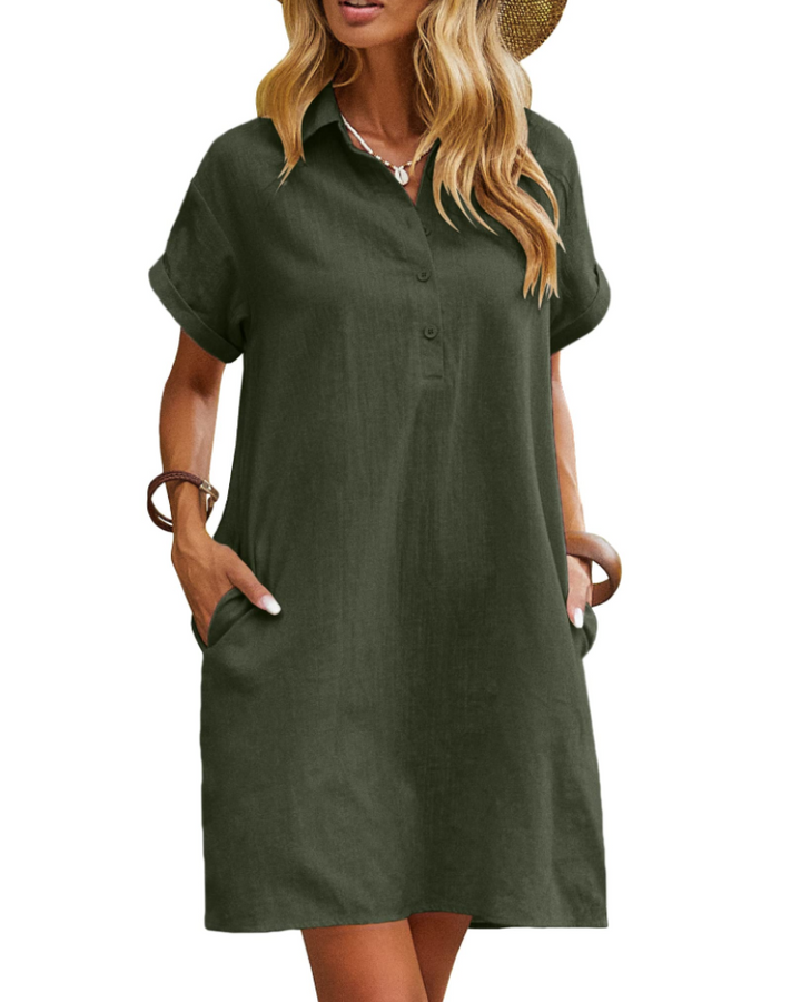 Linen Midi Dress – Women's V-Neck Button-Down Shirt Dress with Pockets