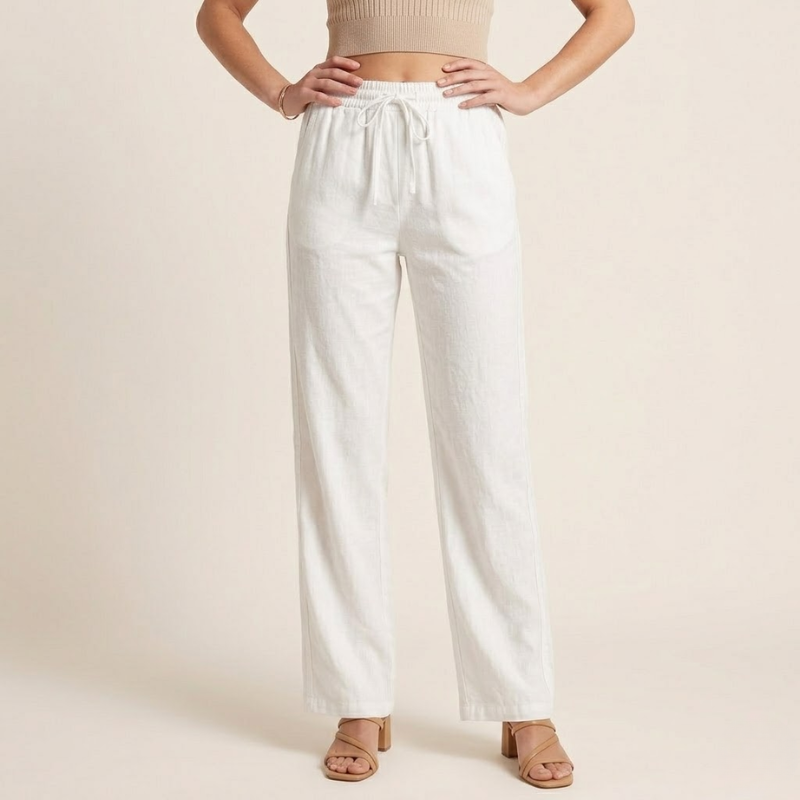 Wide Leg Linen Pants – Elastic Drawcord Waist Relaxed Fit