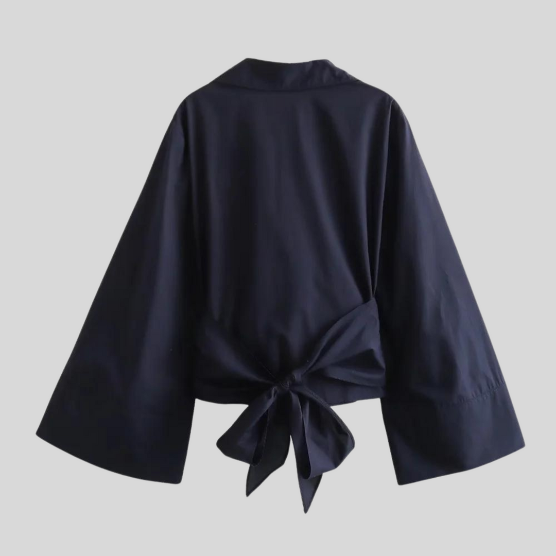 Women's Cotton V-Neck Top Long Sleeve Tie Belt – Breathable Everyday