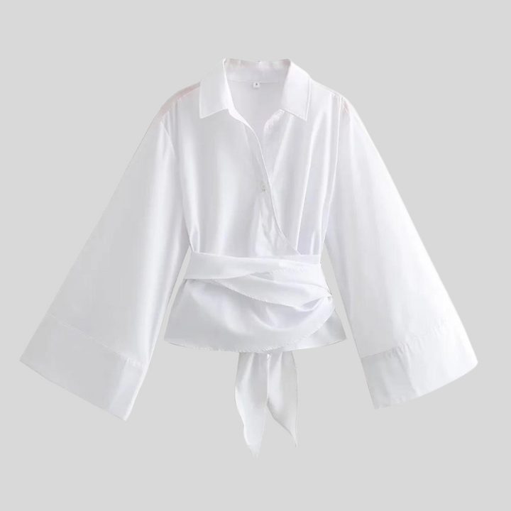 Women's Cotton V-Neck Top Long Sleeve Tie Belt – Breathable Everyday