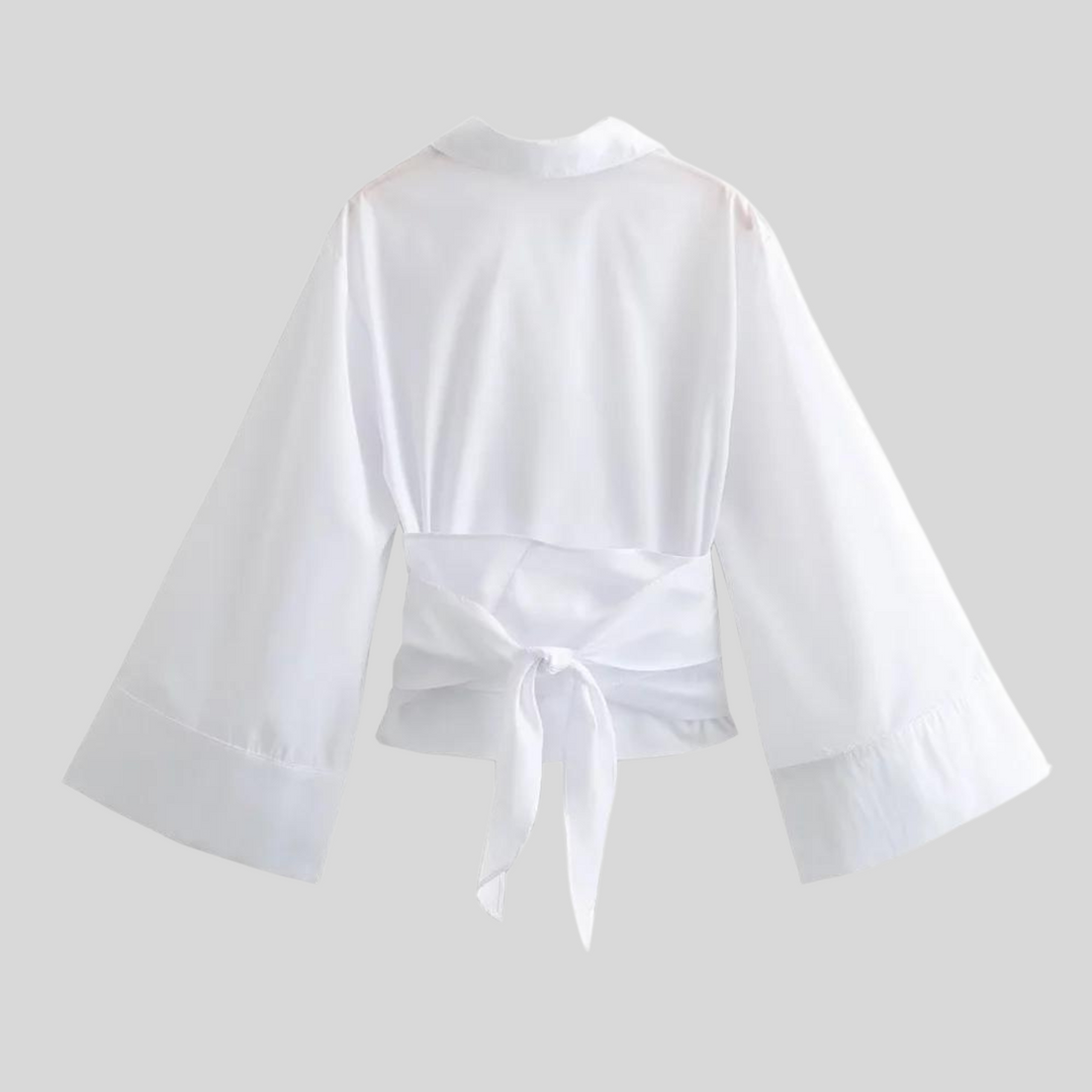 Women's Cotton V-Neck Top Long Sleeve Tie Belt – Breathable Everyday