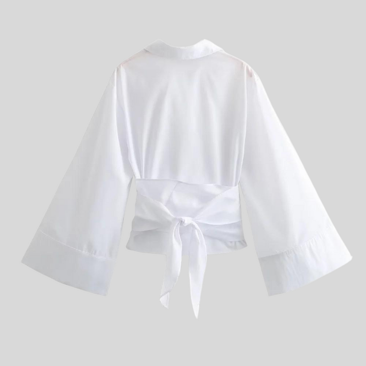 Women's Cotton V-Neck Top Long Sleeve Tie Belt – Breathable Everyday