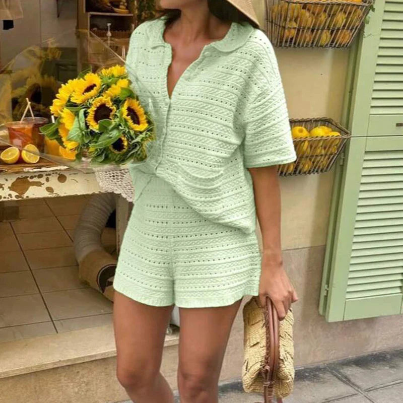 Women's Knit Two Piece Set – Button-Up Top & Matching Shorts