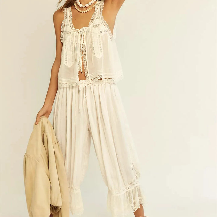 Women's Cotton Lace-Trim Two-Piece Set – Tank Top Wide-Leg Pants
