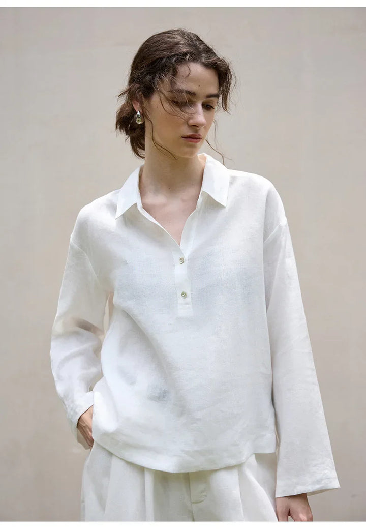 Women's 100% Linen Polo Collar Pullover – Relaxed Oversized Fit
