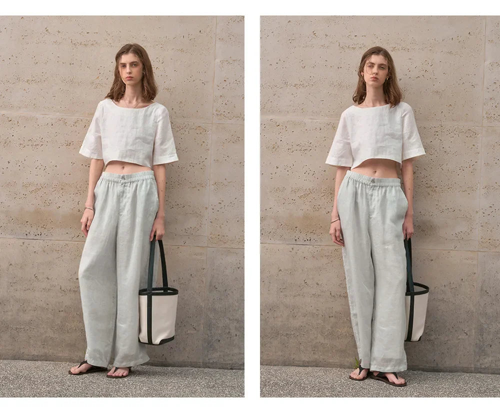 Women's 100% Linen Boxy Crop Top – Round Neck Half Sleeve