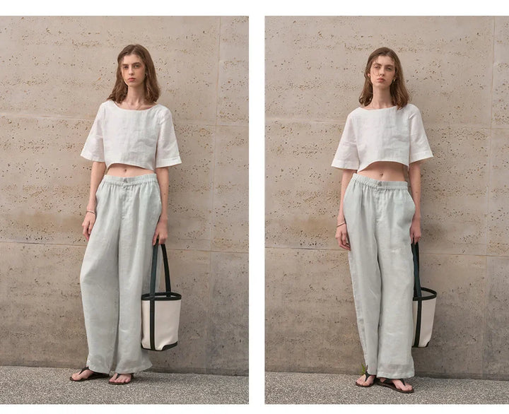 Women's 100% Linen Boxy Crop Top – Round Neck Half Sleeve
