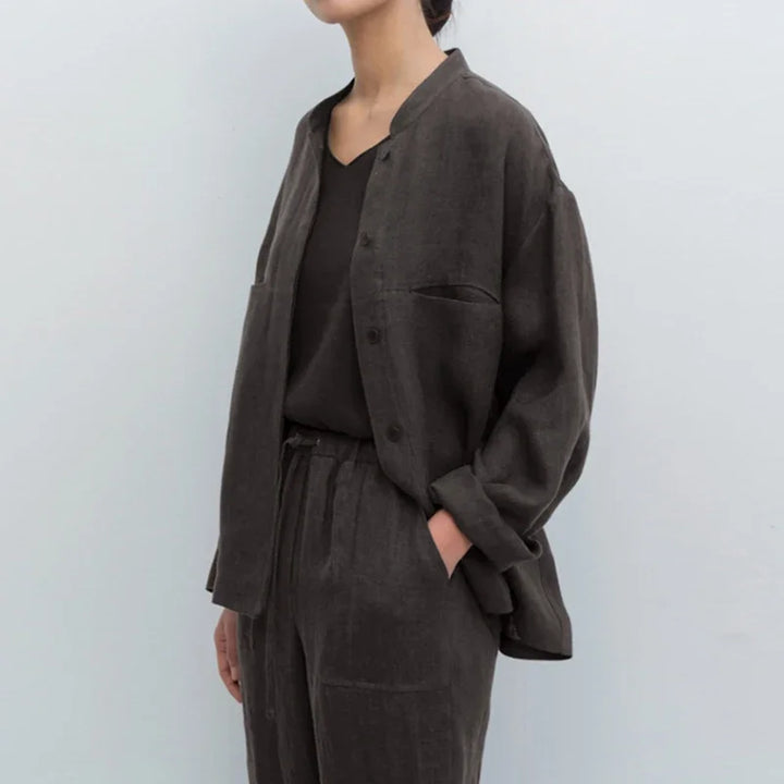 Women's Linen Longline Jacket Stand Collar – Horn Buttons