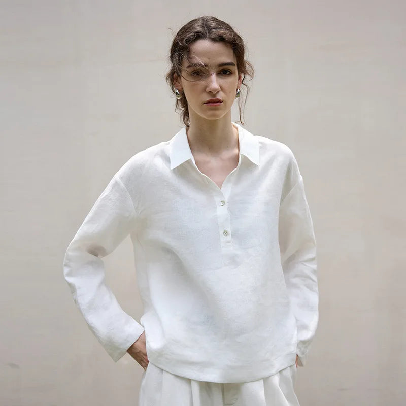 Women's 100% Linen Polo Collar Pullover – Relaxed Oversized Fit