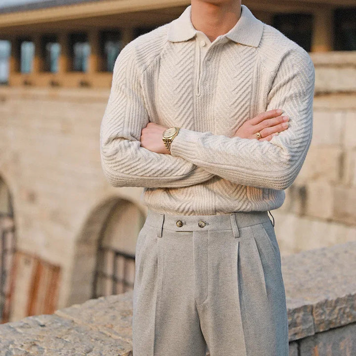 Men's Soft Knit Long Sleeve Polo Shirt Slim Fit – Woven Pattern