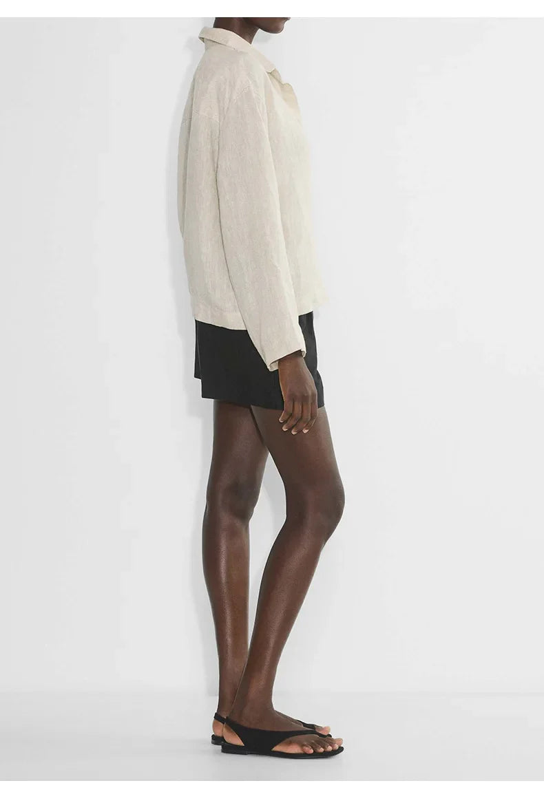 Women's 100% Linen Polo Collar Pullover – Relaxed Oversized Fit
