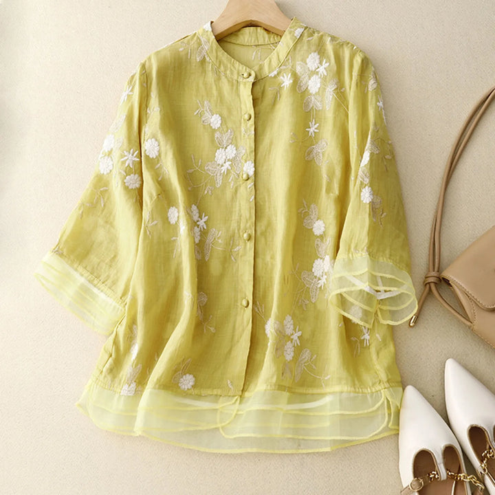 Embroidered Cotton Linen Women's Top Artisan Retro Heavy-Stitch Design