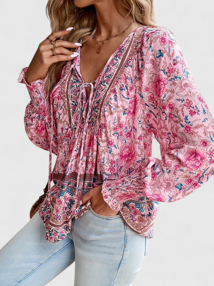 Women's Boho Floral Peasant Top V-Neck – Long Sleeve Gathered Summer