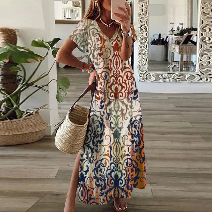 Women's Boho Printed Maxi Dress V-Neck – Flowing Vacation Style