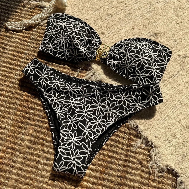 Bandeau Bikini Set – Floral Embroidery High Cut Swimsuit
