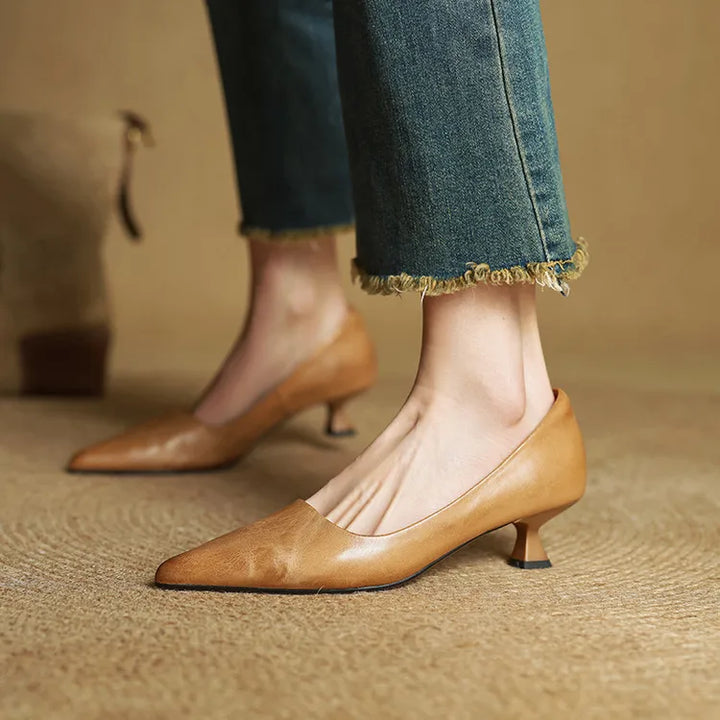 Women's Leather Pointed Toe Kitten Heel Pumps – Foam Padded Insole