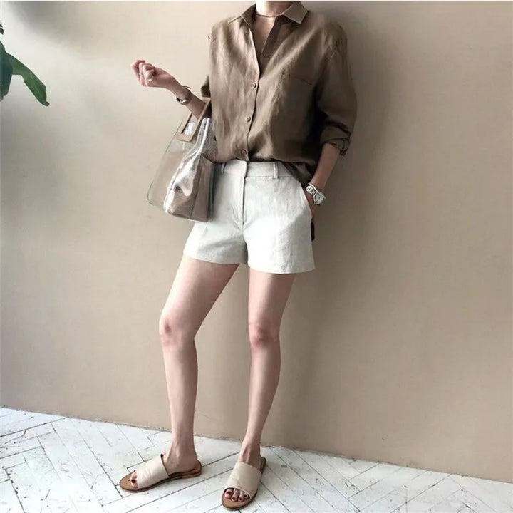 Women's Soft Linen Blend Open Collar Shirt – Relaxed Oversized Fit