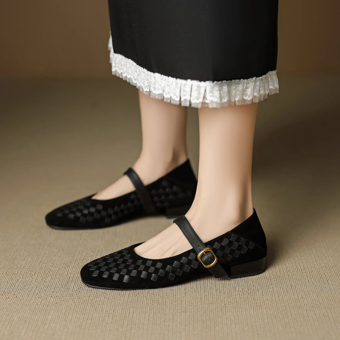 Women's Sheepskin Woven Mary Jane Shoes Diamond Pattern – Block Heel