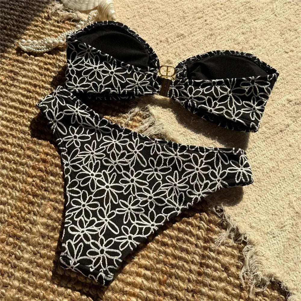 Bandeau Bikini Set – Floral Embroidery High Cut Swimsuit