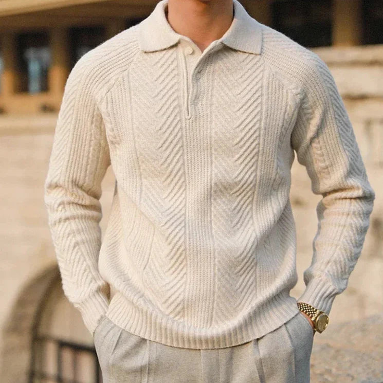 Men's Soft Knit Long Sleeve Polo Shirt Slim Fit – Woven Pattern