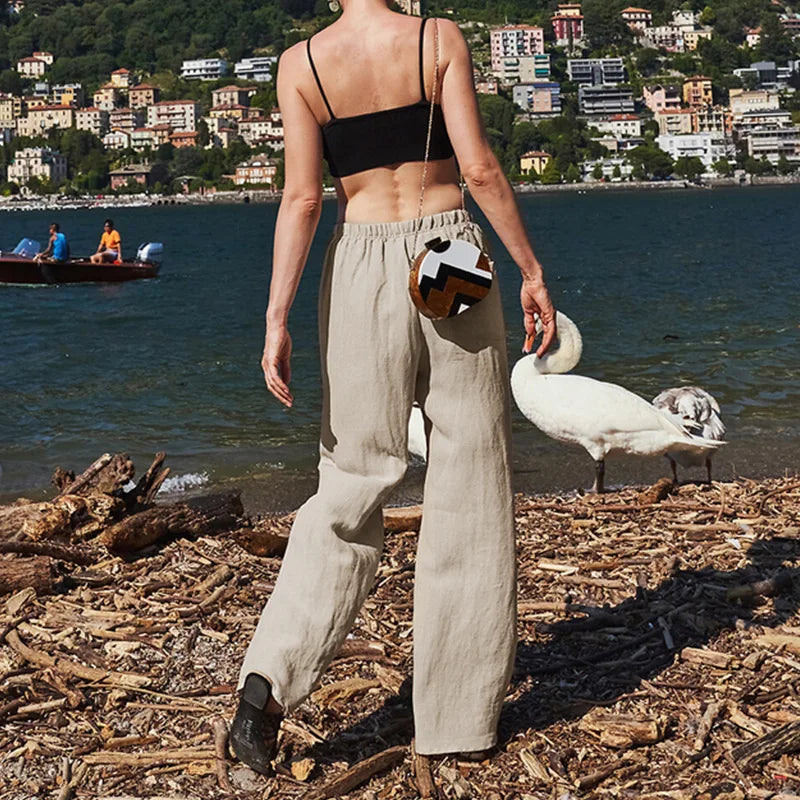 Women's Linen Wide Leg Pants – Low-Rise Elastic Drawstring Waist