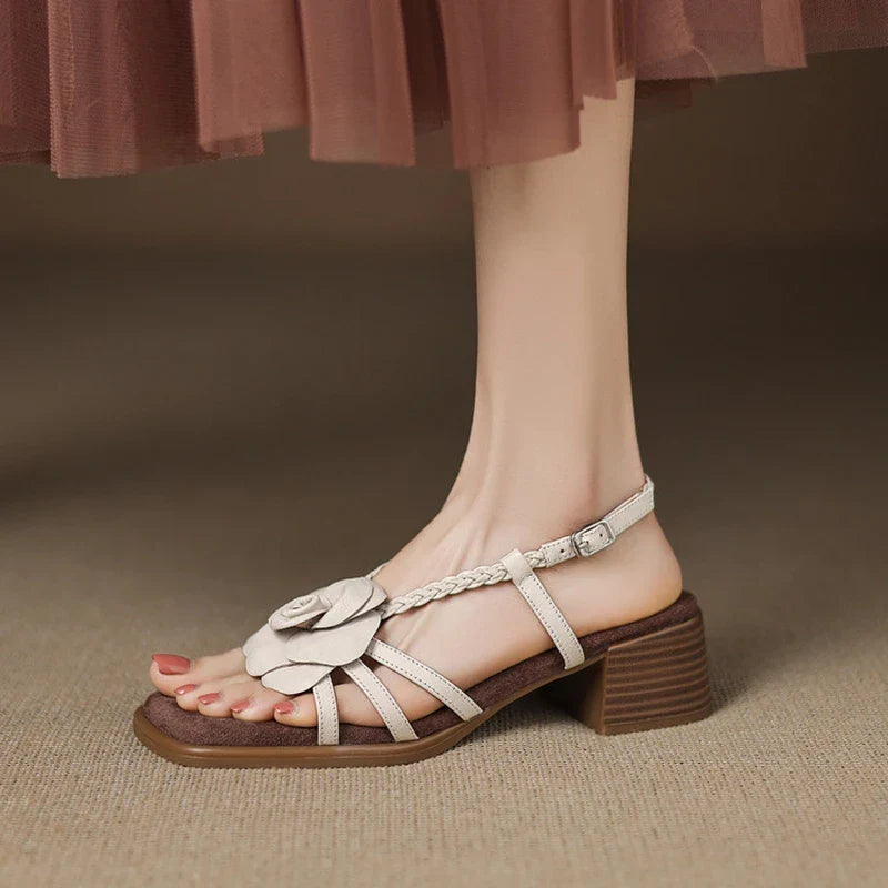 Women's Heeled Sandals – Square Toe Chunky Leather Floral Detail
