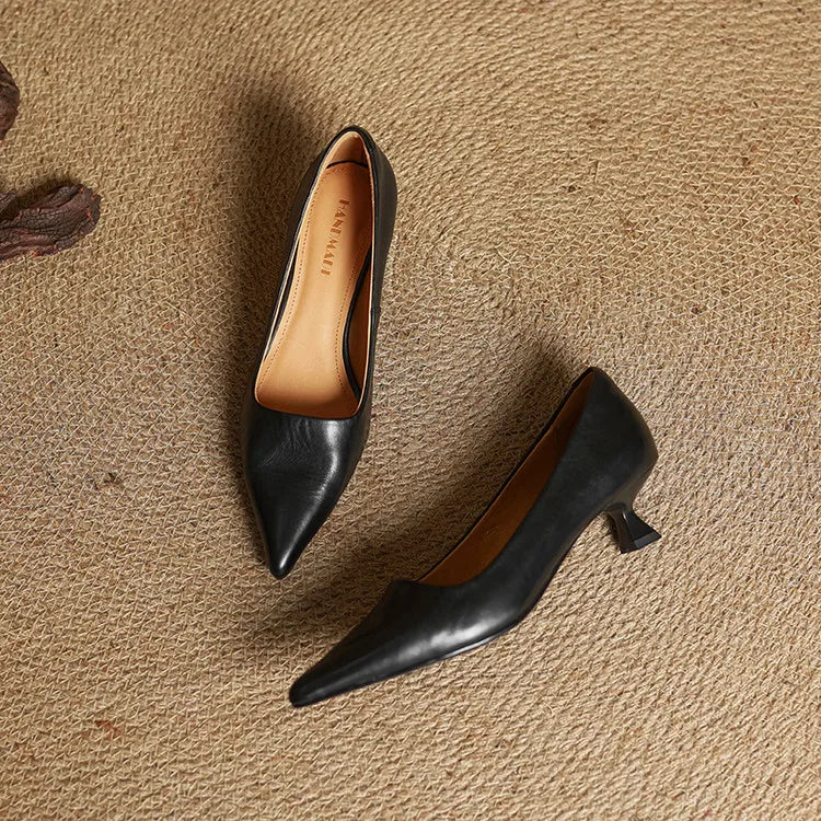 Women's Leather Pointed Toe Kitten Heel Pumps – Foam Padded Insole
