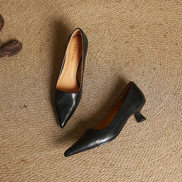Women's Leather Pointed Toe Kitten Heel Pumps – Foam Padded Insole