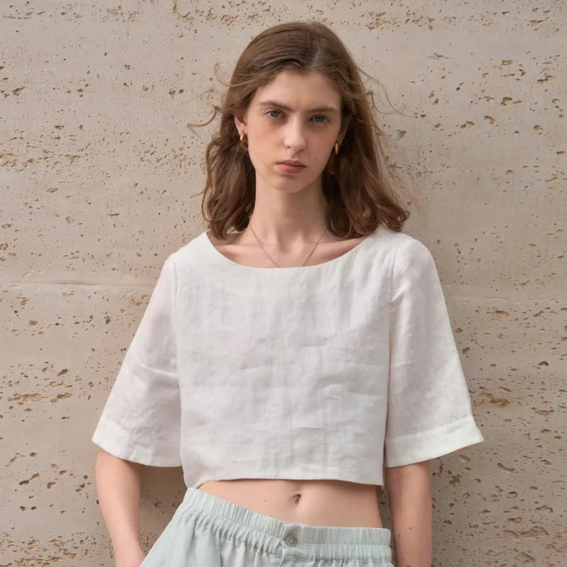 Women's 100% Linen Boxy Crop Top – Round Neck Half Sleeve