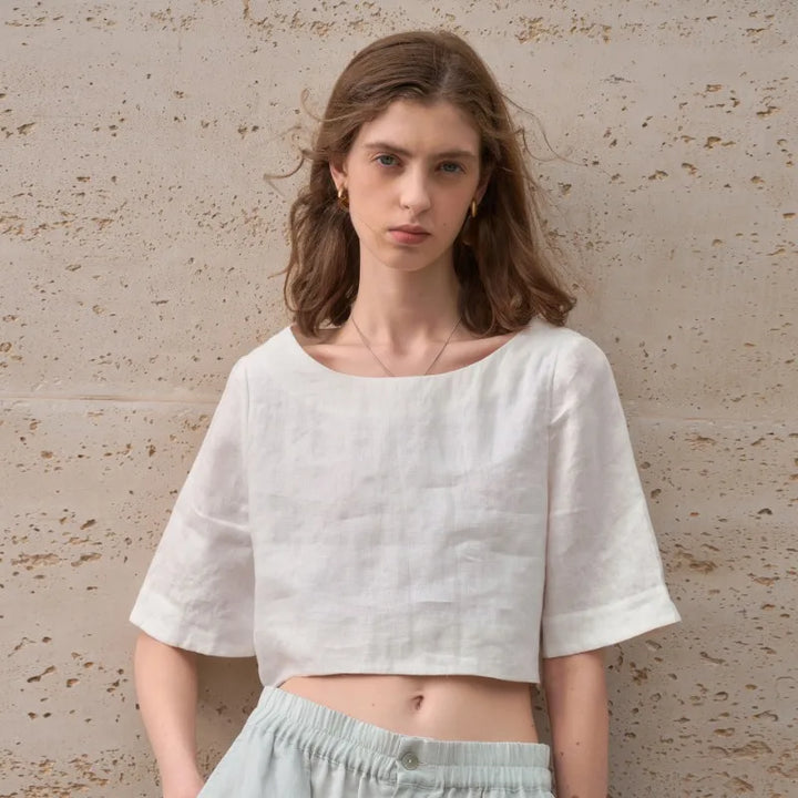 Women's 100% Linen Boxy Crop Top – Round Neck Half Sleeve