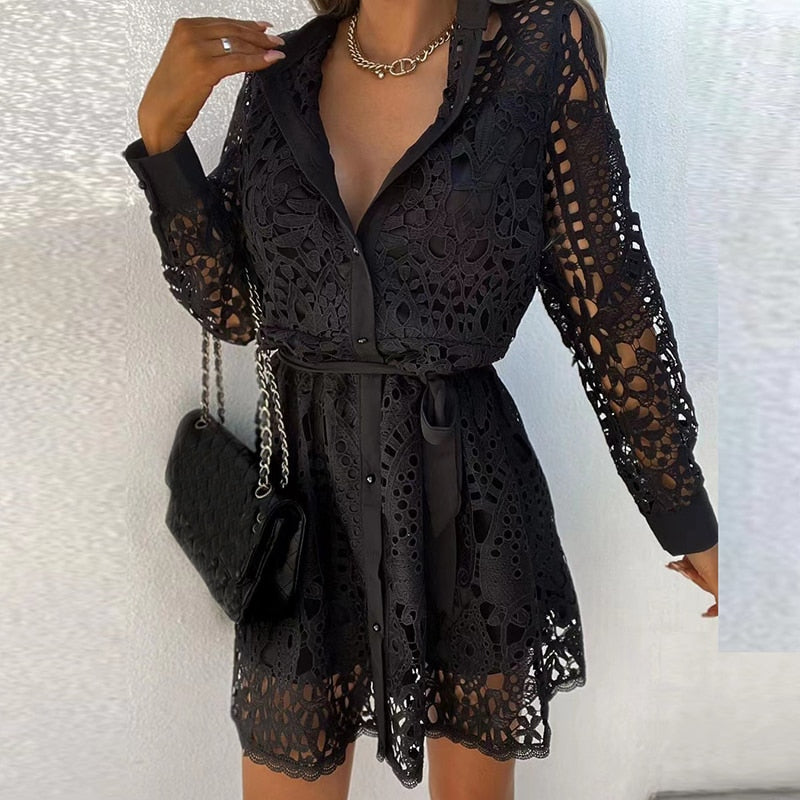 Women's Lace Shirt Mini Dress Long Sleeve – Sheer Sleeves Waist Tie