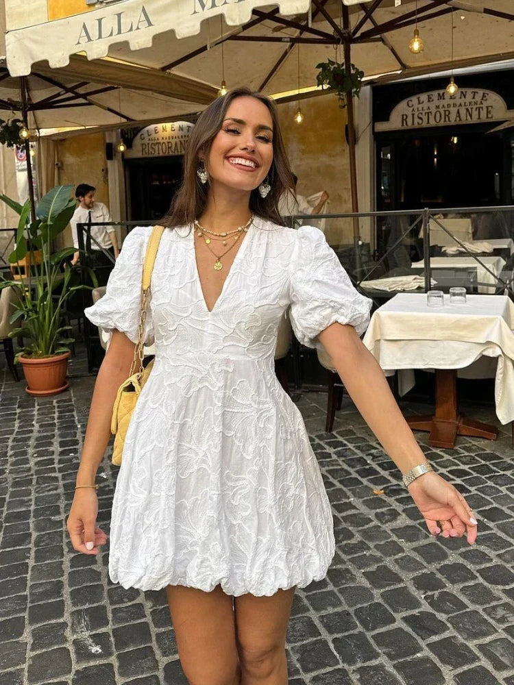 Women's Embroidered Ruffle Mini Dress V-Neck – Short Sleeve Breathable