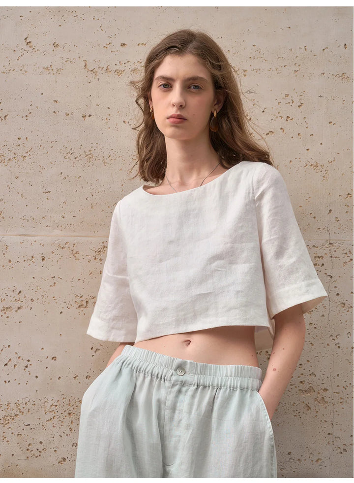 Women's 100% Linen Boxy Crop Top – Round Neck Half Sleeve