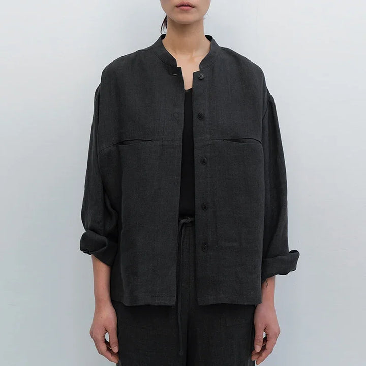Women's Linen Longline Jacket Stand Collar – Horn Buttons