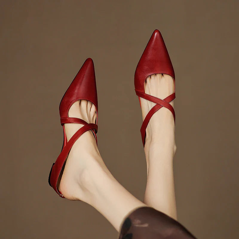 Women's Genuine Leather Cross-Strap Pointed Toe Mules – Low Wedge