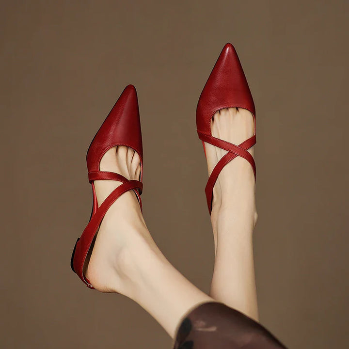Women's Genuine Leather Cross-Strap Pointed Toe Mules – Low Wedge