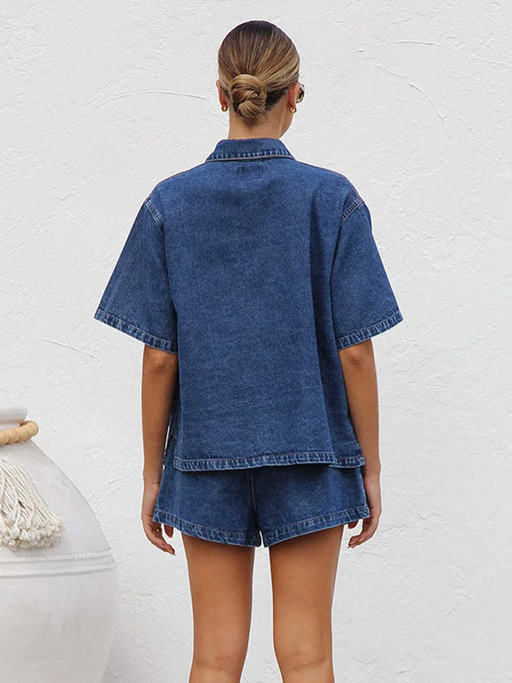 Women's Cotton Denim Two-Piece Set – Button-Down Top Drawstring Shorts