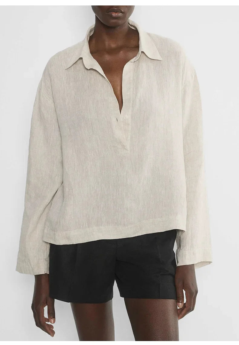 Women's 100% Linen Polo Collar Pullover – Relaxed Oversized Fit