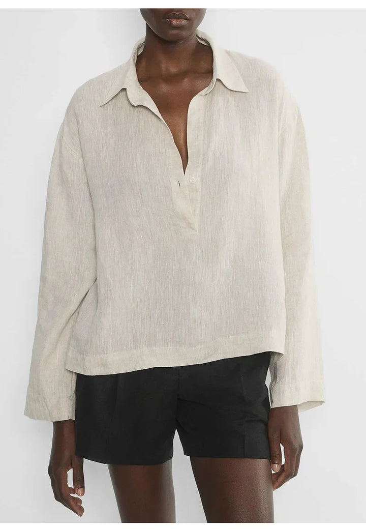 Women's 100% Linen Polo Collar Pullover – Relaxed Oversized Fit