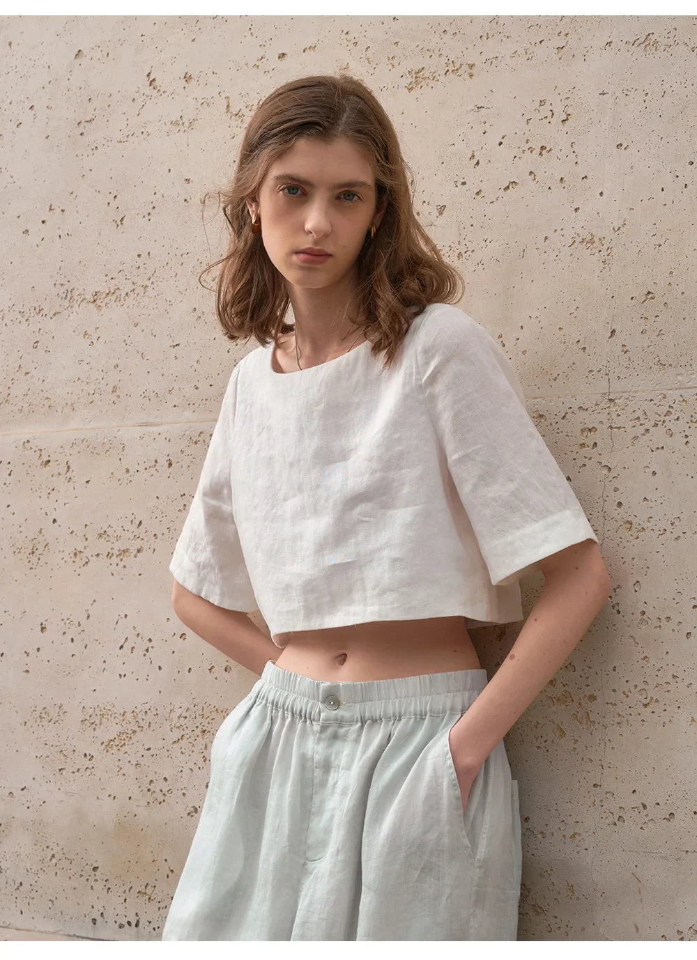 Women's 100% Linen Boxy Crop Top – Round Neck Half Sleeve