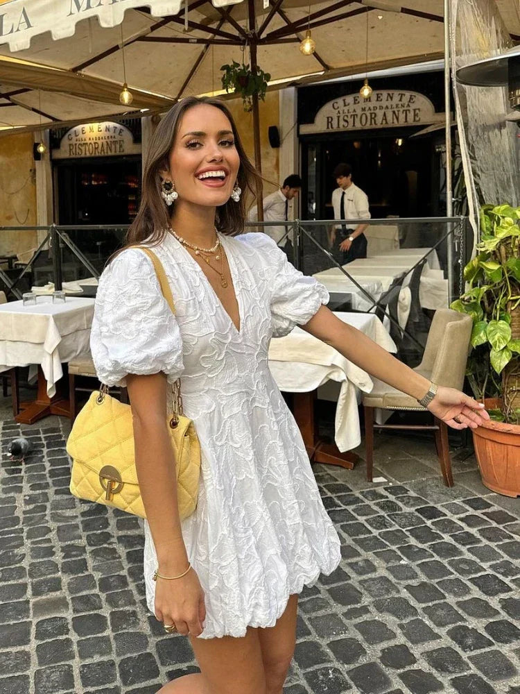 Women's Embroidered Ruffle Mini Dress V-Neck – Short Sleeve Breathable