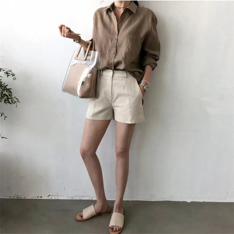 Women's Soft Linen Blend Open Collar Shirt – Relaxed Oversized Fit
