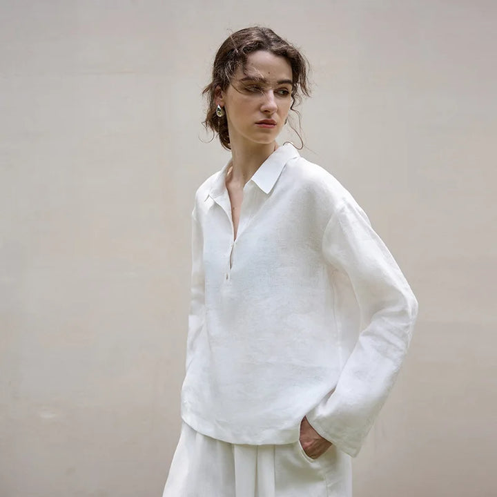 Women's 100% Linen Polo Collar Pullover – Relaxed Oversized Fit