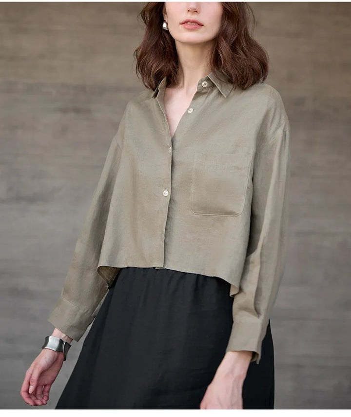 Women's 100% Linen Cropped Oversized Shirt – Long Sleeve