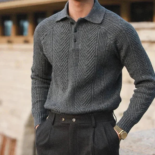 Men's Soft Knit Long Sleeve Polo Shirt Slim Fit – Woven Pattern
