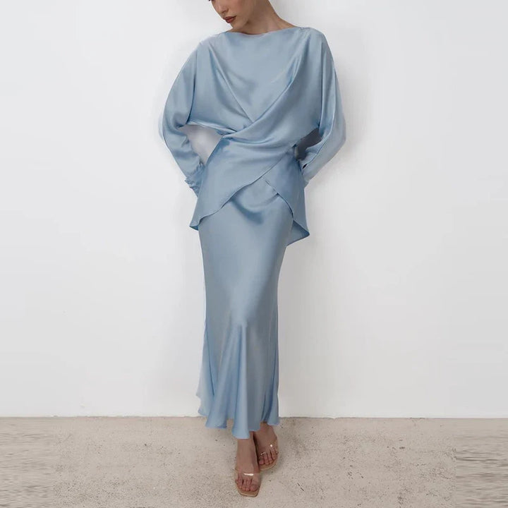 Satin Two Piece Set – Women's Long Sleeve Top & Floor-Length Skirt