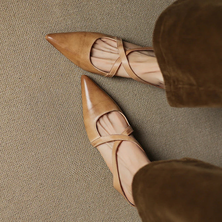 Women's Genuine Leather Cross-Strap Pointed Toe Mules – Low Wedge