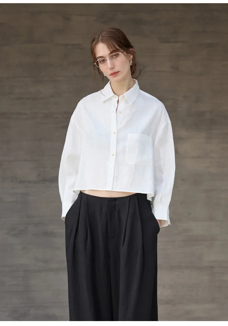 Women's 100% Linen Cropped Oversized Shirt – Long Sleeve