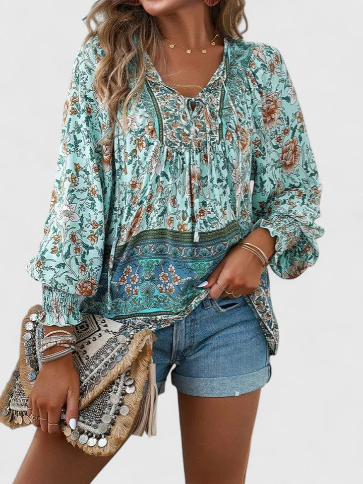 Women's Boho Floral Peasant Top V-Neck – Long Sleeve Gathered Summer