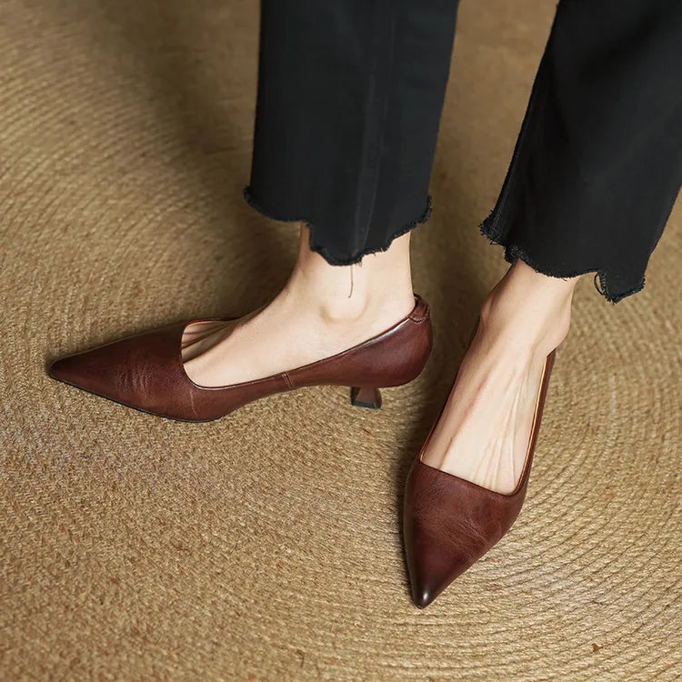 Women's Leather Pointed Toe Kitten Heel Pumps – Foam Padded Insole